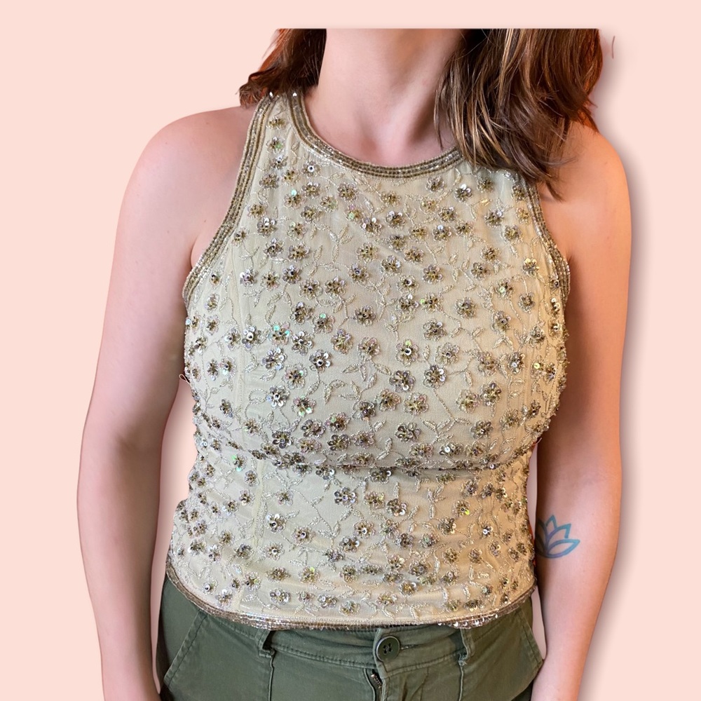 90s Adrianna Papell Occasions Green Silk Beaded Tank Top